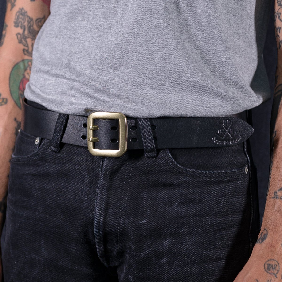 Single Prong Brass Garrison Leather Belt - Hand-Dyed Black